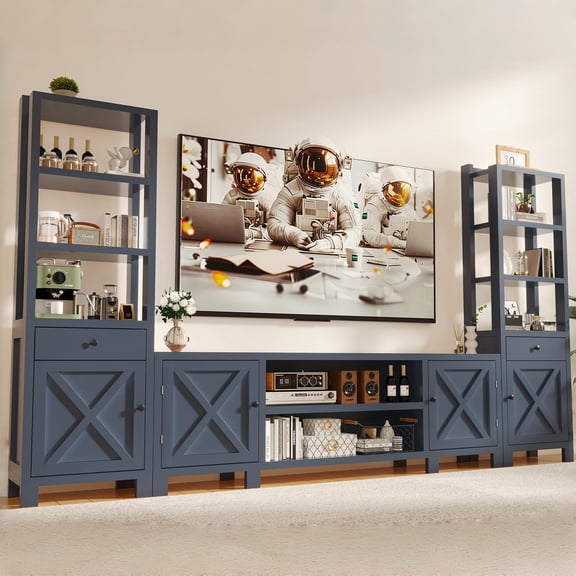 WARAYZ Farmhouse U-Shaped TV Stand for TVs up to 75", 3-in-1 Entertainment Center with Drawers, Adjustable Shelves, Power Outlets & USB, Blue