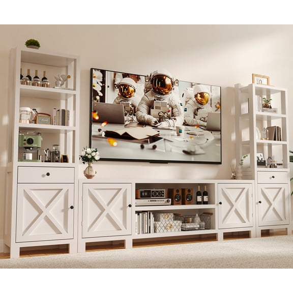 WARAYZ Farmhouse U-Shaped TV Stand for TVs up to 75", 3-in-1 Entertainment Center with Drawers, Adjustable Shelves, Power Outlets & USB, White