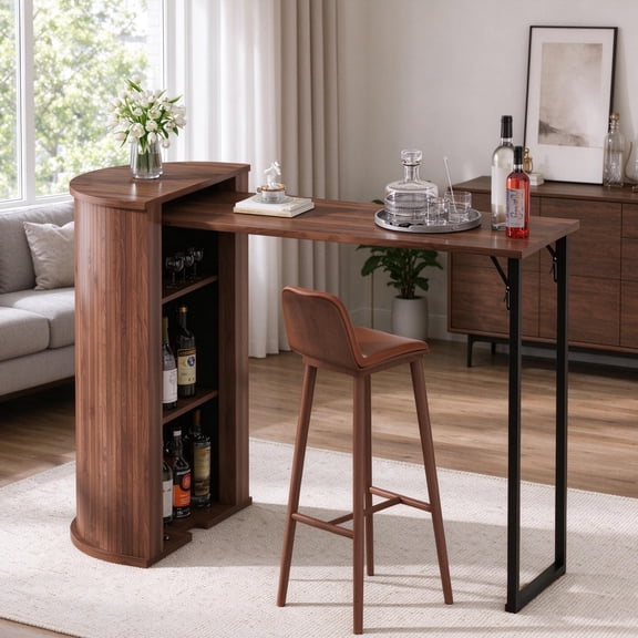 WARAYZ Foldable Long Bar Table with Storage, Fluted Counter Height Breakfast Bar Table, Walnut for Kitchen Island, Bistro, Cafe & Living Room