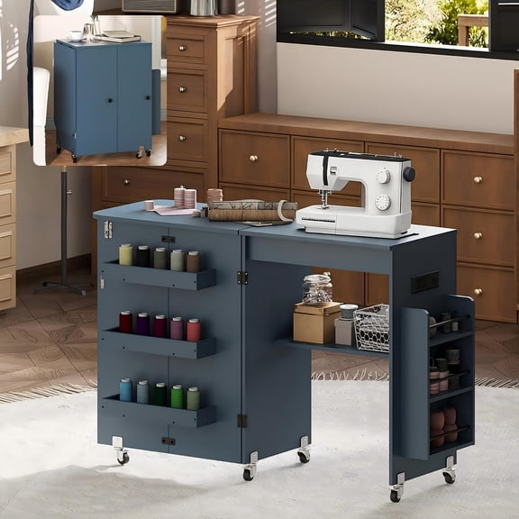 WARAYZ Foldable Space-Saving Sewing Table with Storage, Power Outlet, 6 Side Trays & Open Shelf, Lockable Wheels, Blue, 1 Count