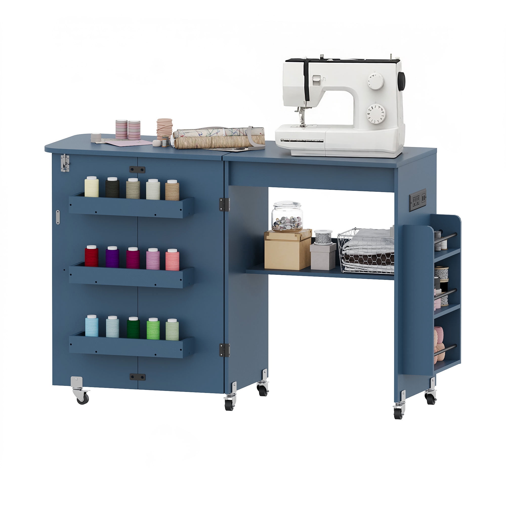 WARAYZ Foldable Space-Saving Sewing Table with Storage, Power Outlet, 6 Side Trays & Open Shelf, Lockable Wheels, Blue, 1 Count