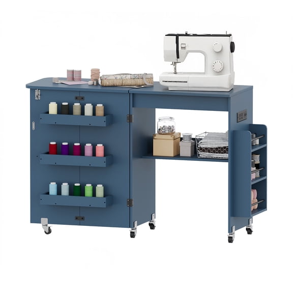 WARAYZ Foldable Space-Saving Sewing Table with Storage, Power Outlet, 6 Side Trays & Open Shelf, Lockable Wheels, Blue, 1 Count