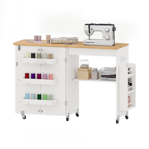 WARAYZ Foldable Space-Saving Sewing Table with Storage, Power Outlet, 6 Side Trays & Open Shelf, Lockable Wheels, White, 1 Count