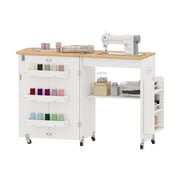 WARAYZ Foldable Space-Saving Sewing Table with Storage, Power Outlet, 6 Side Trays & Open Shelf, Lockable Wheels, White, 1 Count