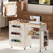 WARAYZ Foldable Space-Saving Sewing Table with Storage, Power Outlet, 6 Side Trays & Open Shelf, Lockable Wheels, White, 1 Count