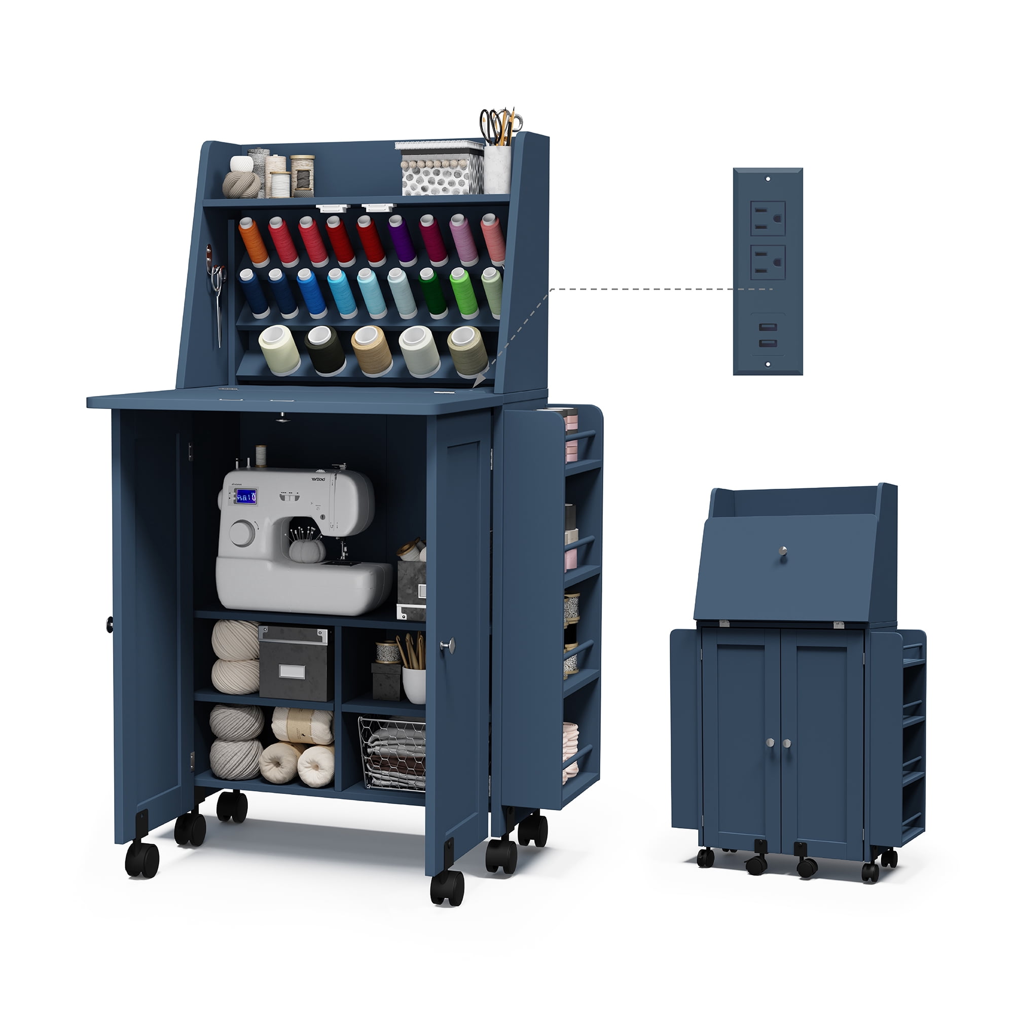 WARAYZ Folding Sewing Table & Storage Cabinet, Built-in Power Outlets ...