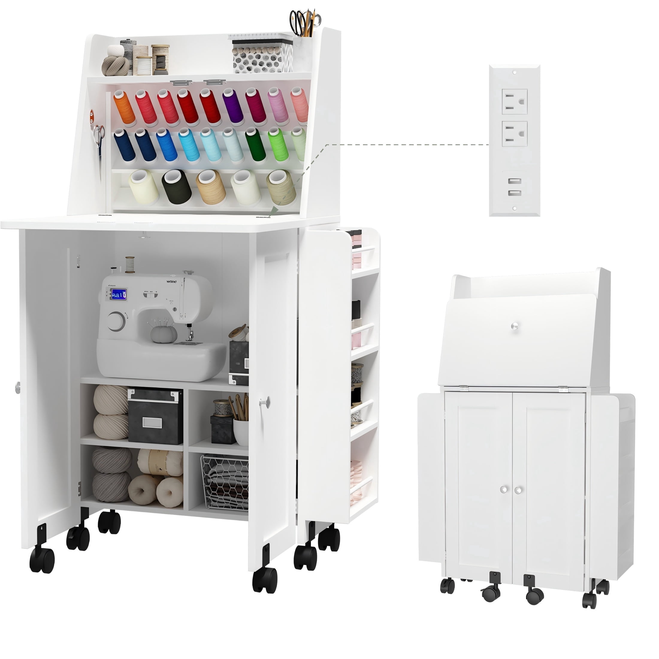 WARAYZ  Sewing Table & Storage Cabinet, Built-in Power Outlets, Spool Racks, Mobile Craft Desk with Lockable Wheels for Small Spaces, White