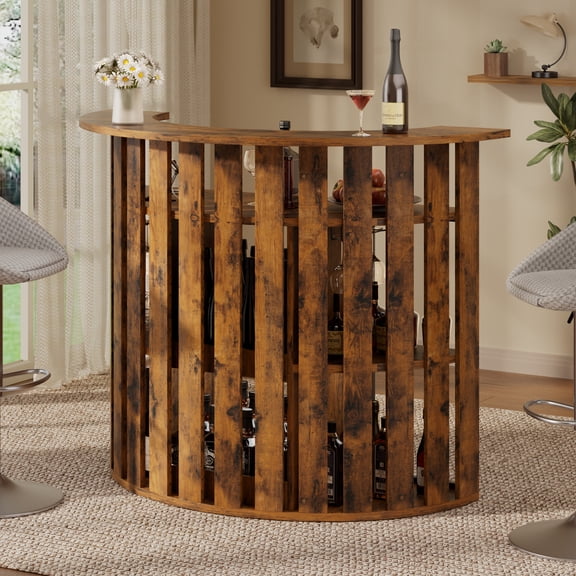WARAYZ Half Round Bar Cabinet with Storage, Rustic Wood Wine Bar with Lights, Power Outlet, Glass Rack & Fridge Space, 4-Tier