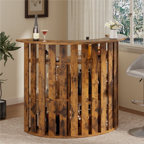 WARAYZ Half Round Bar Cabinet with Storage, Rustic Wood Wine Bar with Lights, Power Outlet, Glass Rack & Fridge Space, 4-Tier