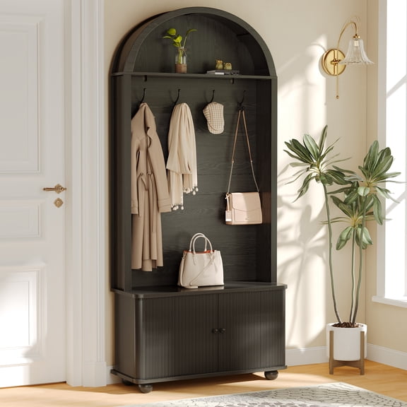 WARAYZ Hall Tree with Bench and Shoe Storage, Farmhouse Entryway Coat Rack, Arched Storage Cabinet, Black