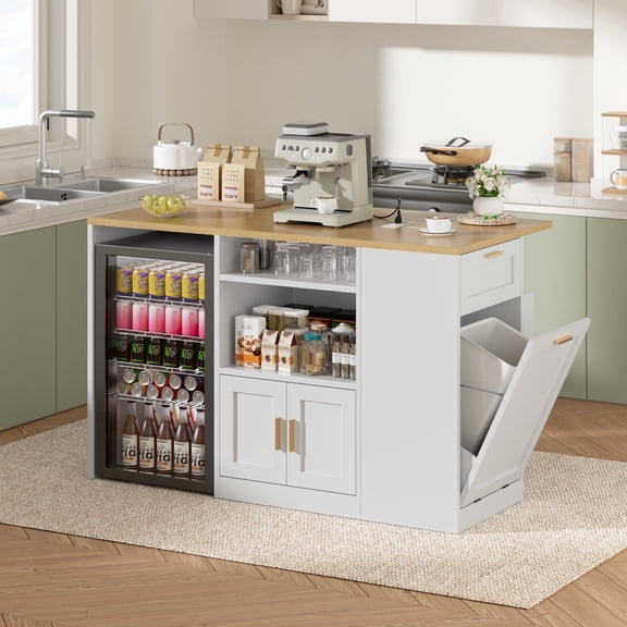 WARAYZ Kitchen Island with Power Outlet, Mini Fridge Space, Trash Cabinet, Storage & Drop Leaf