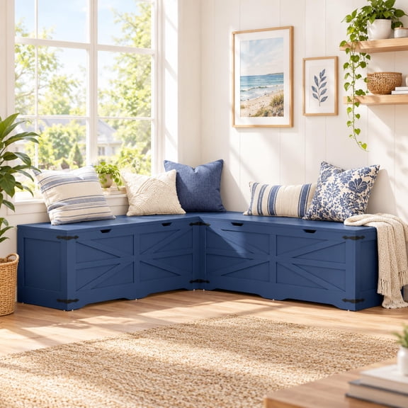 WARAYZ L-Shape Dining Benches with Hidden Storage, Corner Storage Bench, Blue, 400 lb Capacity
