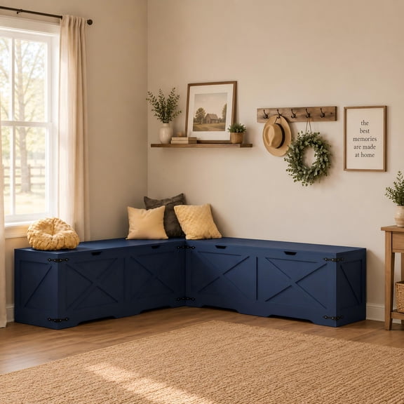 WARAYZ L-Shaped Storage Bench with Hidden Storage, Corner Dining Nook, Entryway Shoe Bench, Blue