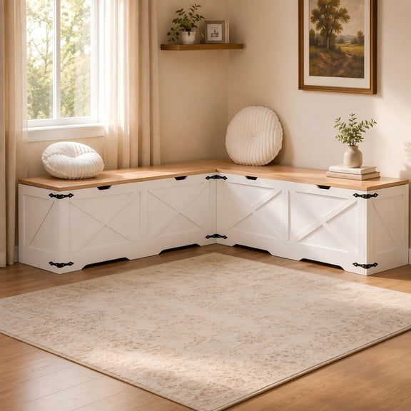 WARAYZ L-Shaped Storage Bench with Hidden Storage, Corner Dining Nook, Entryway Shoe Bench, White