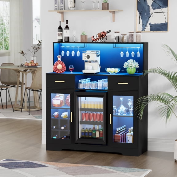 WARAYZ Modern Mini Fridge Cabinet, Wine Bar, Coffee Bar with LED and Power, Black, 1-Pack