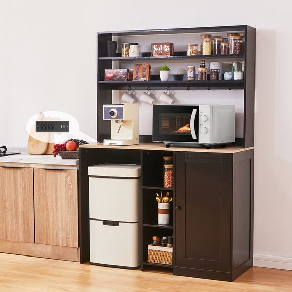 WARAYZ Mini Fridge Cabinet with Power Outlets, Kitchen Storage Organizer with Countertop, Shelves, Door Rack & Hooks, Black