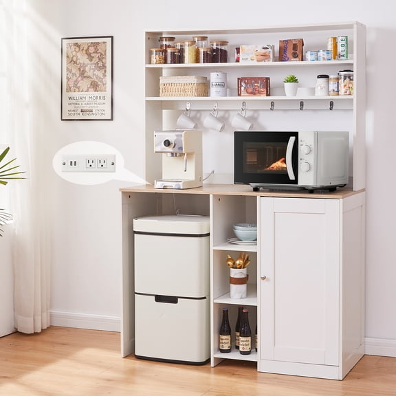 WARAYZ Mini Fridge Cabinet with Power Outlets, Kitchen Storage Organizer with Countertop, Shelves, Door Rack & Hooks, White