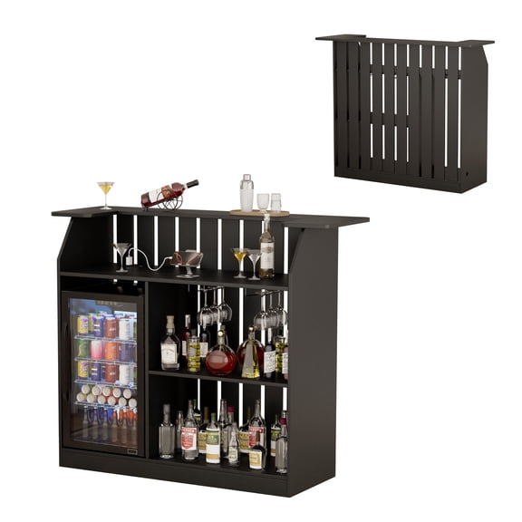 WARAYZ Modern Slatted Bar Cabinet with Power Outlets & USB, RGB LED Lights, Wine Glass Rack, Fridge Space, Black