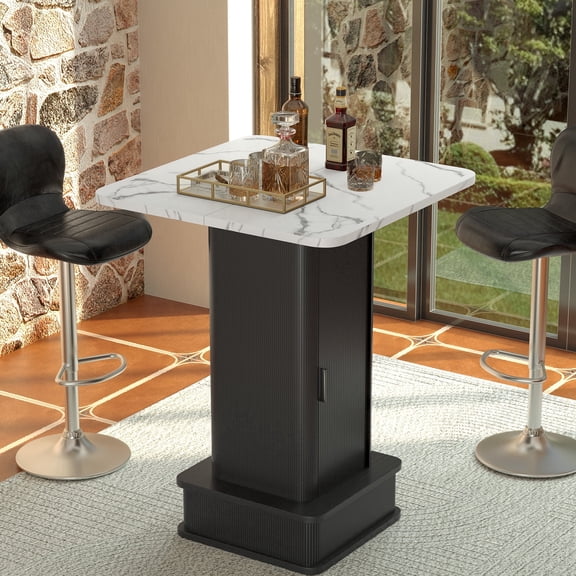WARAYZ Modern Wood Grain Bar Table, Hidden Storage Cabinet, Sliding Door, Wine Glass Rack, Footrest, Anti-Scratch Pads, Black Marble