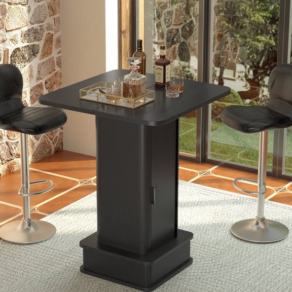WARAYZ Modern Wood Grain Bar Table, Hidden Storage Cabinet, Sliding Door, Wine Glass Rack, Footrest, Anti-Scratch Pads, Black