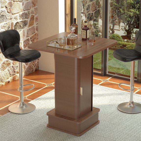 WARAYZ Modern Wood Grain Bar Table, Hidden Storage Cabinet, Sliding Door, Wine Glass Rack, Footrest, Anti-Scratch Pads, Walnut
