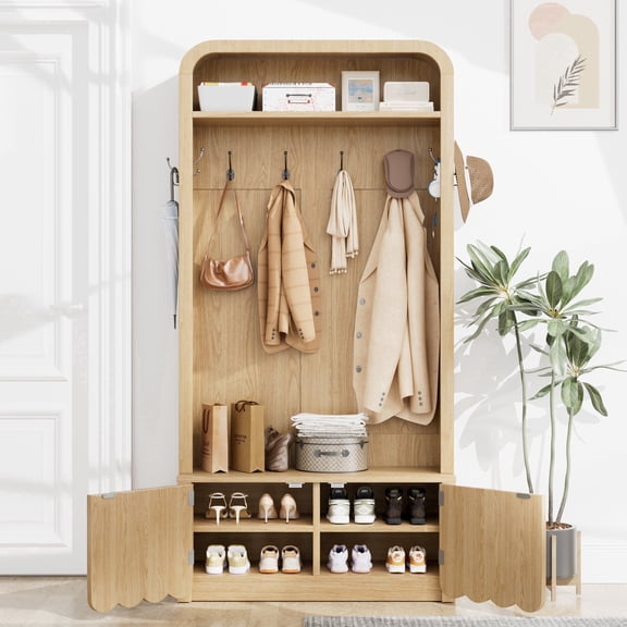 WARAYZ Narrow Hall Tree with Bench, Shoe Storage, Arched Coat Rack, Fluted Doors, Modern Rustic, Nature Oak