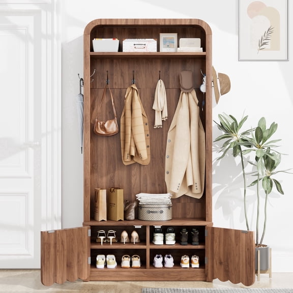 WARAYZ Narrow Hall Tree with Bench, Shoe Storage, Arched Coat Rack, Fluted Doors, Modern Rustic, Walnut