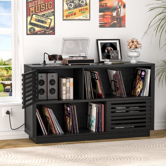 WARAYZ Record Player Stand with Vinyl Storage, 47 Inch Turntable Cabinet, Charging Station, Black