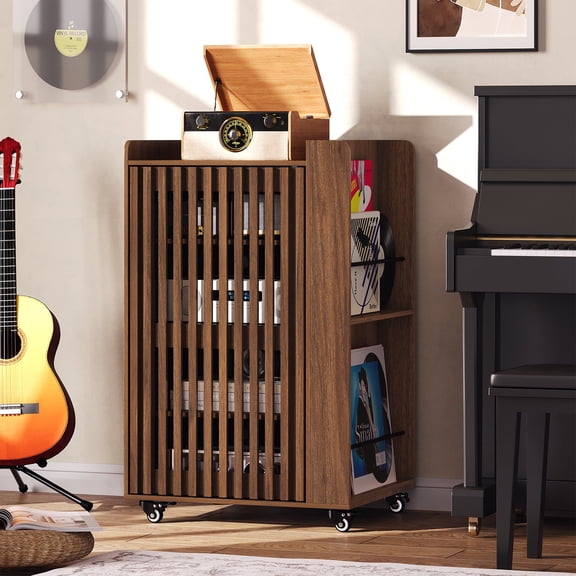 WARAYZ Rolling Record Player Stand Cabinet with Vinyl Storage, Adjustable Shelves, Ventilated Back, Side CD Rack, Guard Rail