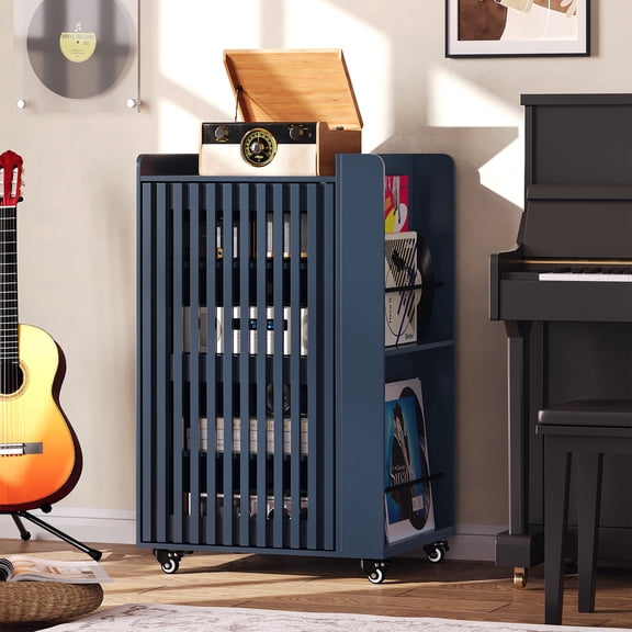 WARAYZ Rolling Record Player Stand Cabinet with Vinyl Storage, Adjustable Shelves, Ventilated Back, Side CD Rack, Guard Rail