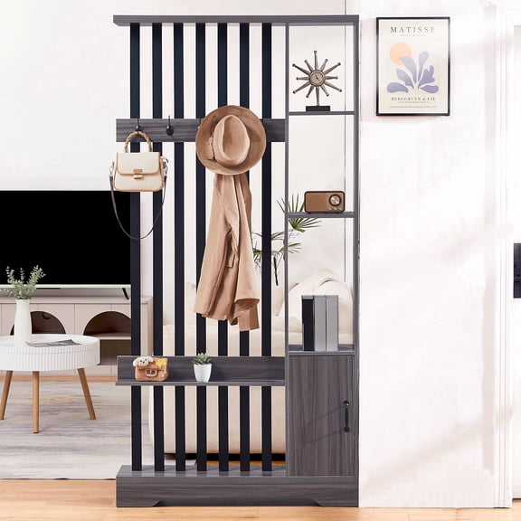 WARAYZ Room Divider Farmhouse Freestanding with Storage, Open Slat Shelf, 5 Hooks, Cabinet, Black, 79.5 x 39.4 x 9.4 in