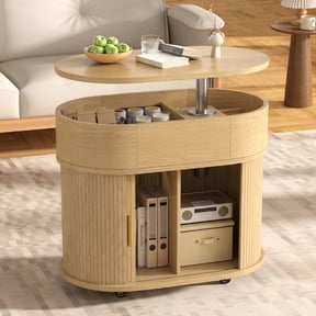 WARAYZ Rotating Tabletop Lift-Top Coffee Table with Storage & Power Outlet, Oak