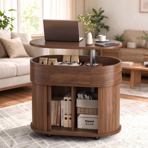 WARAYZ Rotating Tabletop Lift-Top Coffee Table with Storage & Power Outlet, Walnut