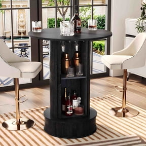 WARAYZ Round Bar Table with Hidden Storage & Sliding Door, 27.5" Top, Wine Glass Rack, Fluted Wood Design, 38.1" Height, for Small Spaces, Ebony