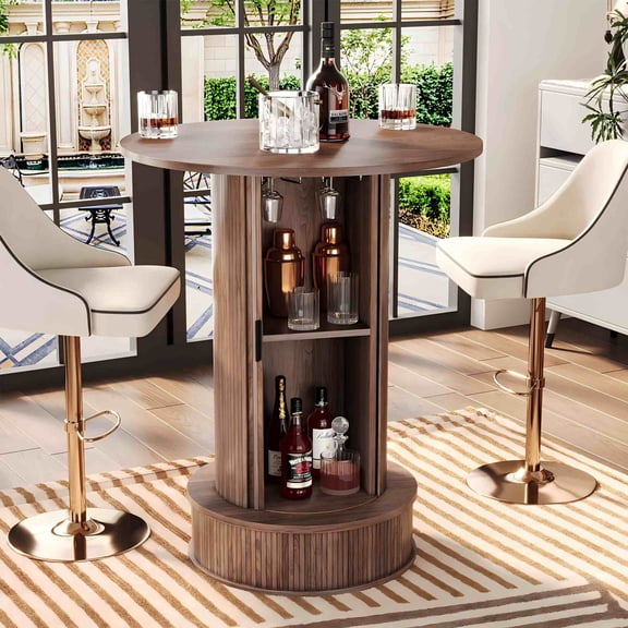 WARAYZ Round Bar Table with Hidden Storage & Sliding Door, 27.5" Top, Wine Glass Rack, Fluted Wood Design, 38.1" Height, for Small Spaces, Walnut