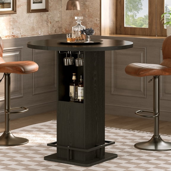 WARAYZ Round Pub Table with Storage, Glass Rack & Footrest, 39.8" Bar Table, Black