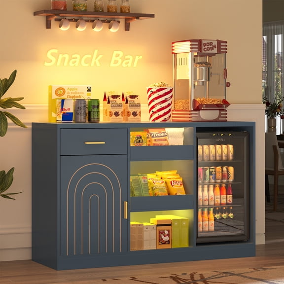 WARAYZ Snack Cabinet with Fridge Space, Coffee Bar Cabinet with RGB Lights, Power Outlet & USB, Storage with Drawer & Shelves,Blue  (No Fridge)