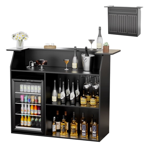 WARAYZ Stylish Linear Home Bar Cabinet with Charging Station, Mini Fridge Space, Wine Glass Rack, Storage Shelves & Removable Divider