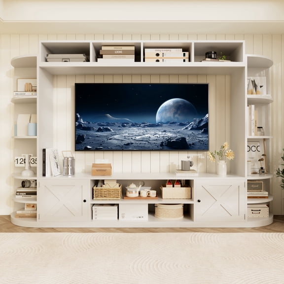 WARAYZ TV Wall Unit Entertainment Center with Power Outlets, Hidden Storage & Side Display Shelves