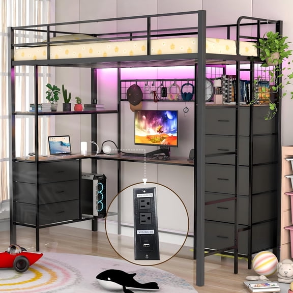 WARAYZ Metal Twin Loft Bed with L-Shaped Desk, LED Lights and Charging Station, 8 Drawers and Shelves, Guardrails and Ladder, Black