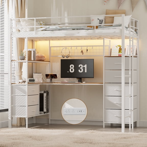 WARAYZ Metal Twin Loft Bed with L-Shaped Desk, LED Lights and Charging Station, 8 Drawers and Shelves, Guardrails and Ladder, White
