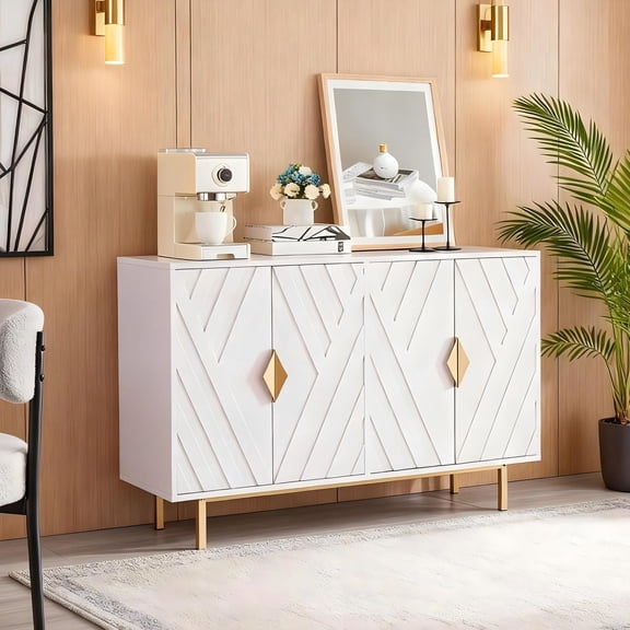 WARAYZ White Sideboard, White Buffet Cabinet with Storage, 4 Door Modern Embossed Sideboard with Gold Handles