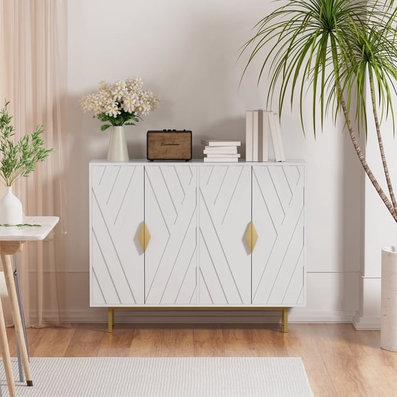 WARAYZ White Sideboard, White Buffet Cabinet with Storage, 4 Door Modern Embossed Sideboard with Gold Handles