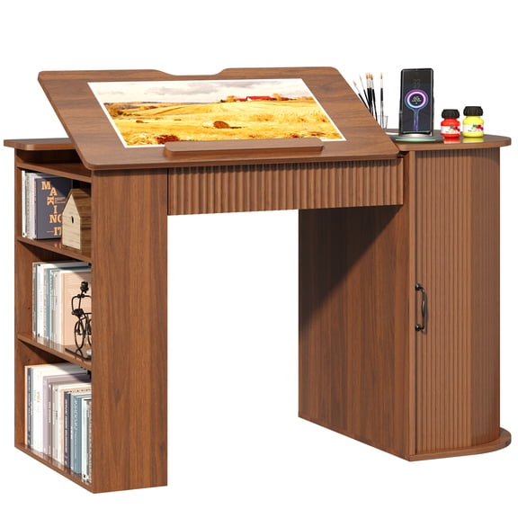 WARAYZ Wood Drawing Desk, Tiltable Drafting Table with Charging Station & Wireless Charging, Storage Cabinet, Drawers & Open Shelves, Walnut