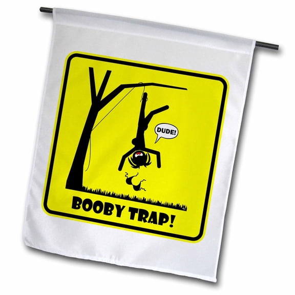 3dRose, WARDROBE MALFUNCTION booby trap yellow sign 2, 18 x 27 inch Garden Flag