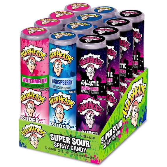 WARHEADS - Super Sour Candy Spray - Blue Raspberry, Green Apple and Watermelon Flavors - 0.68 oz. Bottles - 12 Pack