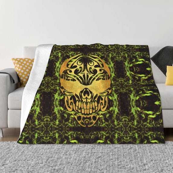 WARHOOME Throw Blanket for Bed Couch, Warm Death Tribe Skull Yellow Print Flannel Decor Blankets for Sofa Office Camping Car Travel, 80 x 60 inches