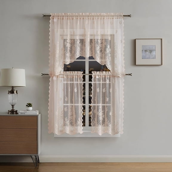 WARM HOME DESIGNS 3 Piece Linen Flower Kitchen Window Curtains Bundle Includes 2 36 Inch Tiers & Valance. KIF SET LINEN