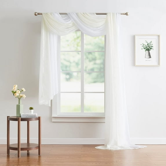 WARM HOME DESIGNS 55 x 144 Inch White & Beige Double Window Scarves Bundle. AS White & Beige 144