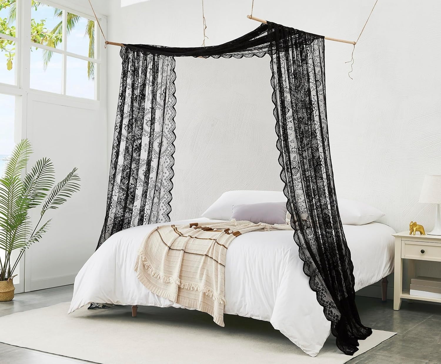 WARM HOME DESIGNS 55 x 216 Inch Black Lace Canopy Bed Curtains are Perfect for Queen Bed Canopy to Create Black Bedroom Decor, Gothic Bedroom Decor or Halloween Room Decor. LEC CANOPY 216 BLACK